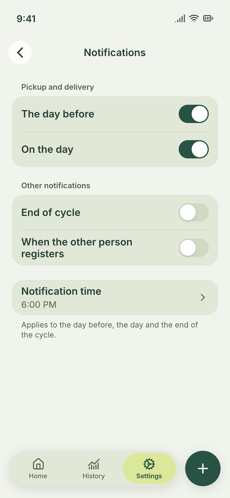 “Notifications” screen with the day-before and on-the-day pickup reminders turned on.