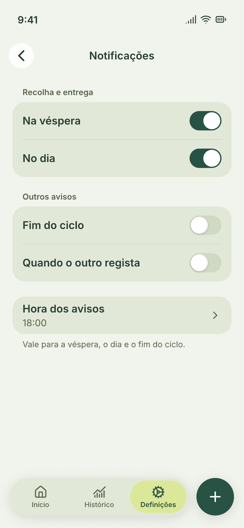 Ecrã «Notificações» com os avisos de recolha e entrega na véspera e no dia ligados.
