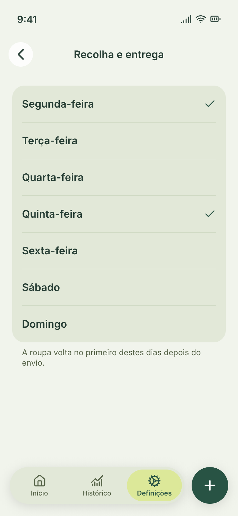 Ecrã «Recolha e entrega» com segunda-feira e quinta-feira escolhidas.