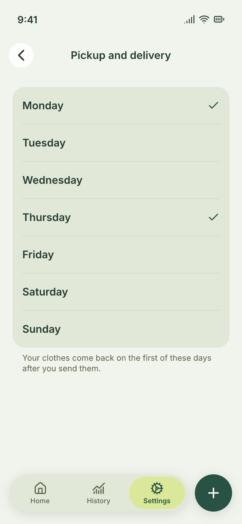 “Pickup and delivery” screen with Monday and Thursday selected.