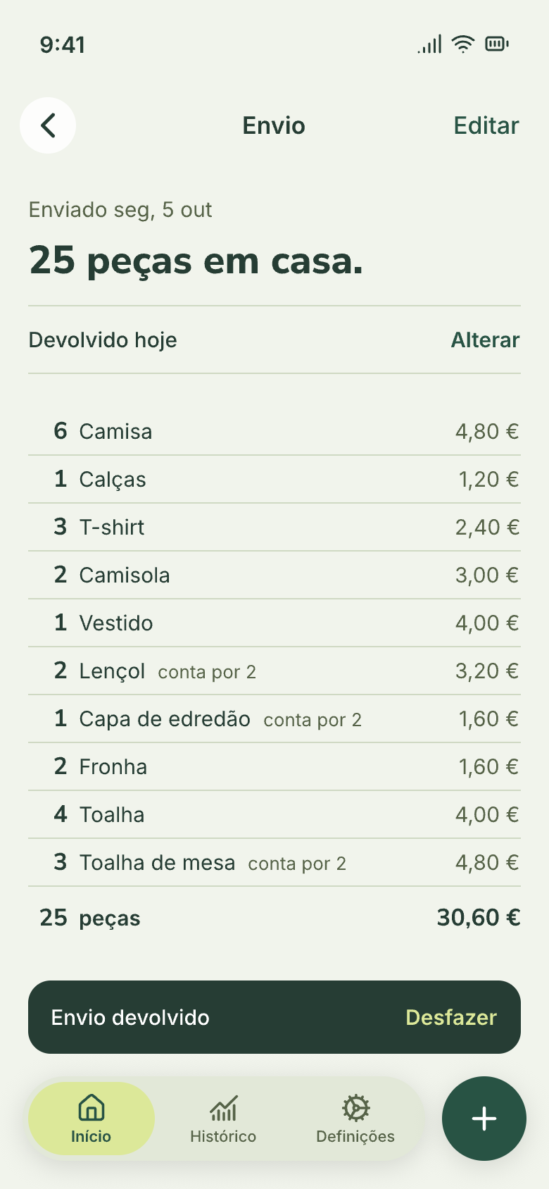 Ecrã de um envio devolvido hoje: 25 peças em casa, a lista por tipo com o preço de cada uma e o total de 30,60 €.