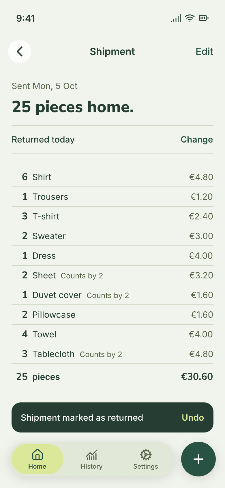 A shipment returned today: 25 pieces home, the list by type with each price and a total of €30.60.