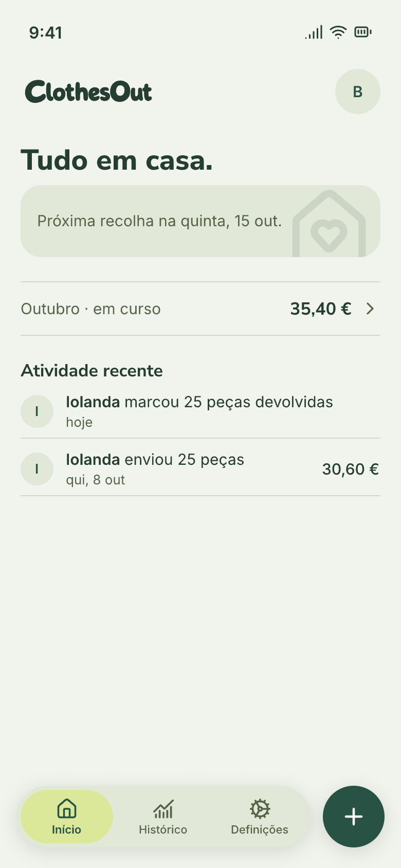 Ecrã inicial com tudo em casa: «Próxima recolha na quinta, 15 out.» e outubro em curso com 35,40 €.