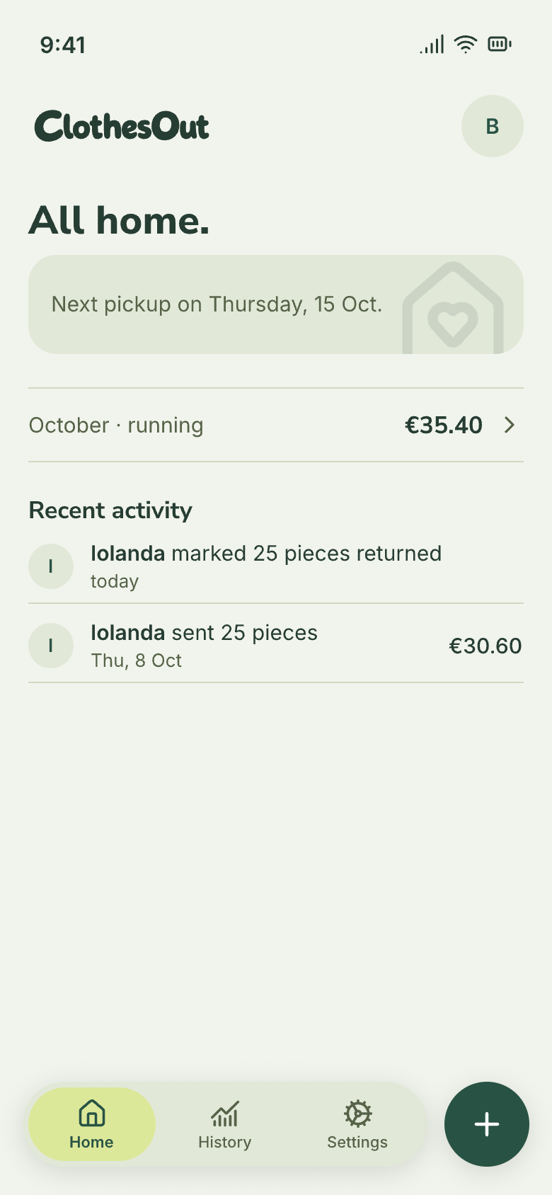 Home screen with everything home: next pickup on Thursday 15 October, and October running at €35.40.