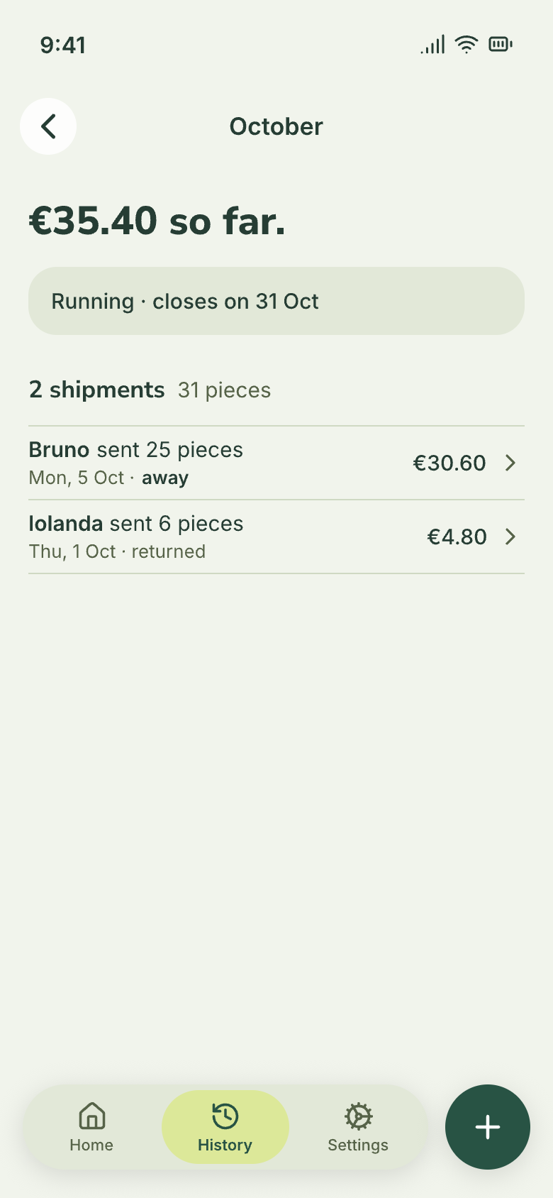 “October” screen: €35.40 so far, running, closes on 31 October, 2 shipments and 31 pieces.