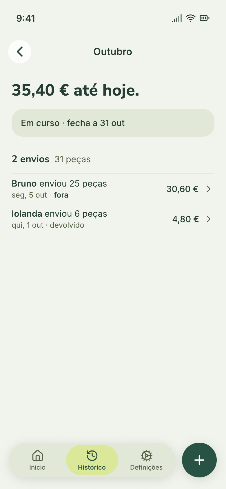 Ecrã «Outubro»: 35,40 € até hoje, em curso, fecha a 31 de outubro, 2 envios e 31 peças.