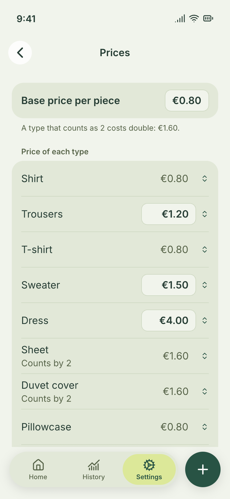 “Prices” screen with the base price per piece and the price of each type.