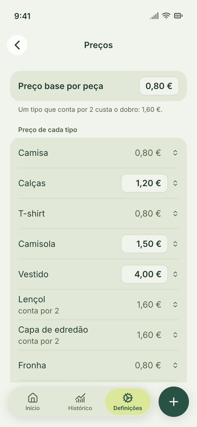Ecrã «Preços» com o preço base por peça e o preço de cada tipo.